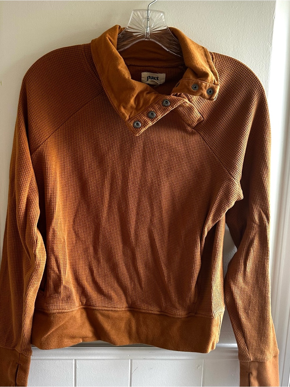 Pact Waffle-Knit Pullover Women’s Snap Mockneck Organic Cotton Rust Size XS
